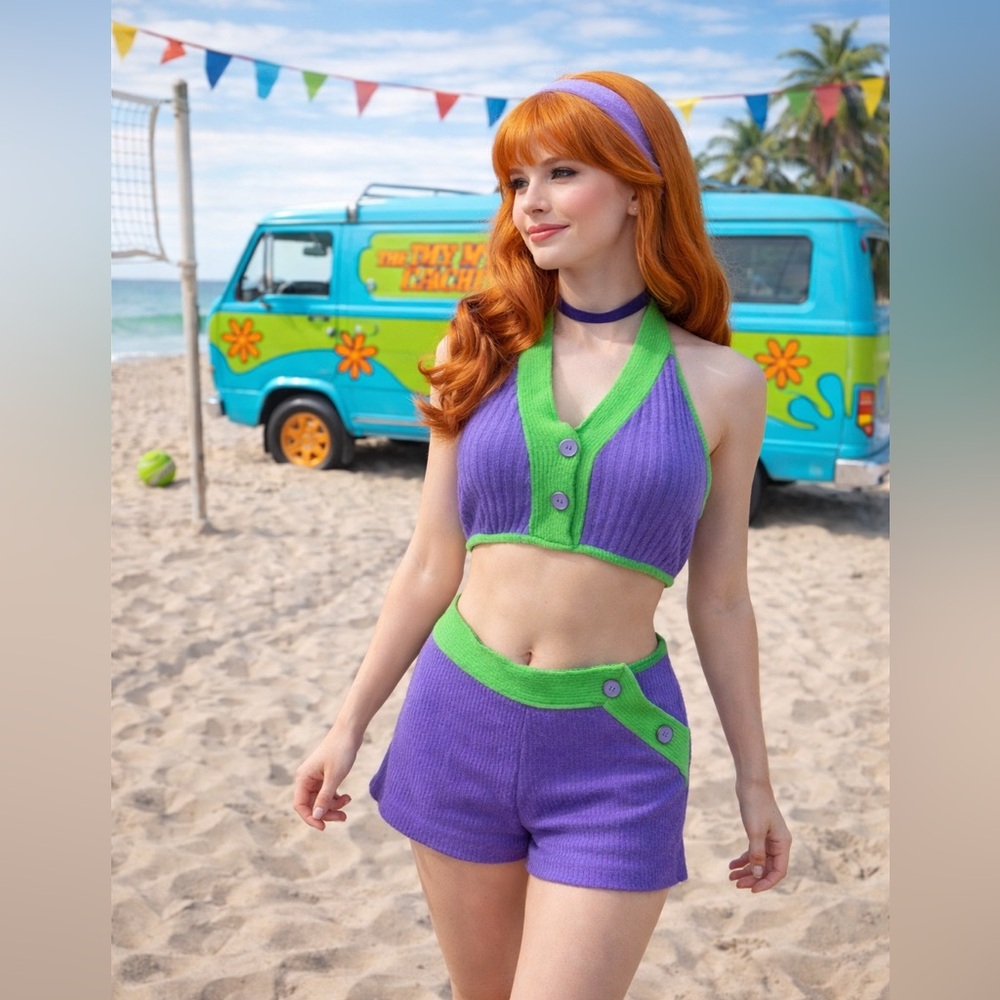 Vintage 60s Knit Set Daphne Purple Green Two Piece Mod Retro Festival DISCO